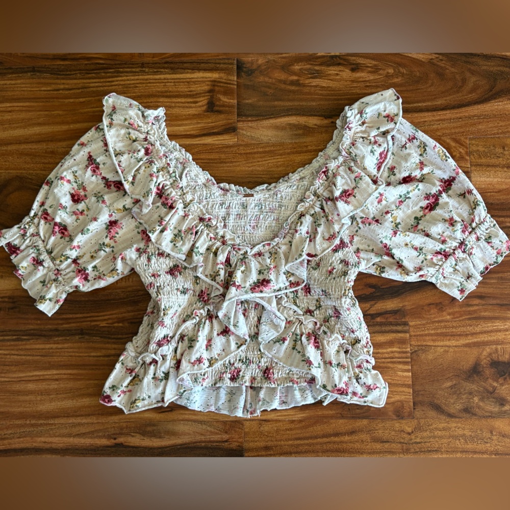 Free People FP Women’s Aster Floral Favorite Girl Ruffled Smocked Top Large L - Picture 7 of 14